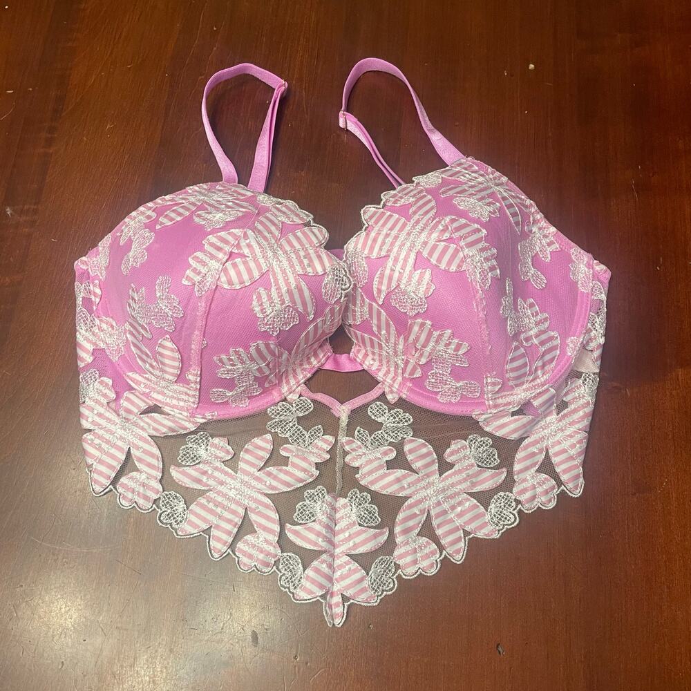 Victoria's Secret Luxe Lined Demi Bra Pink Purple & White Lace Flowers 36C